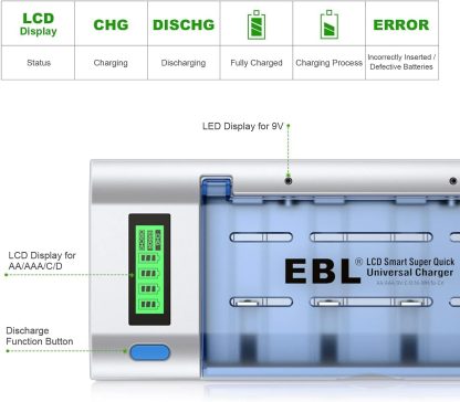 1x EBL Universal LCD Display Battery Charger with Discharge Function for AA, AAA, C, D Ni-MH Ni-CD Rechargeable Batteries(906) - Image 4