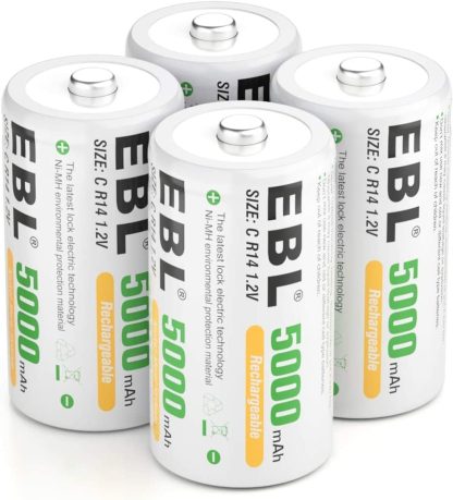 4x EBL Ni-MH C Size Rechargeable Batteries 5000mAh with Storage Cases, Pack of 4
