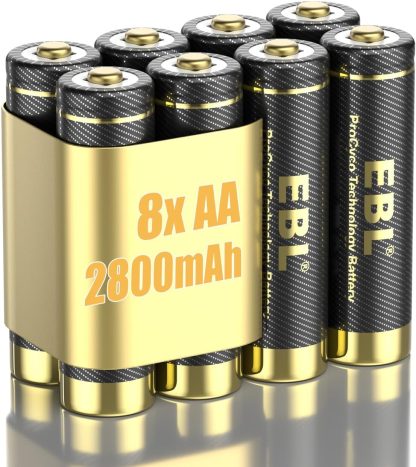 EBL Rechargeable Batteries AA 2800mAh, 8 Count AA High Capacity Ni-Mh Gold-top Premium Batteries Rechargeable