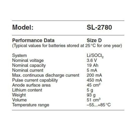1x Tadiran SL-2780/S "D" Size Lithium thionyl chloride 3.6V 19000mAh Battery - Image 3