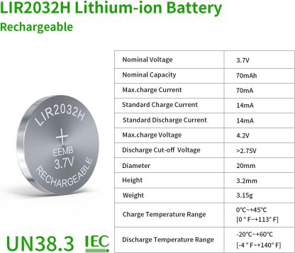 EEMB LIR2032H Rechargeable Battery with 4PCS 3.7V Lithium-ion Coin Button Cell Batteries 70mAh Can Replace ML2032 for Car Remote Key Fob Watch(4) - Image 4