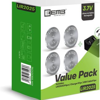 EEMB LIR2025 Rechargeable Battery with 4PCS 3.7V Lithium-ion Coin Button Cell Batteries 40mAh for Car Remote Key Fob Watch (LIR2025-4-Charger