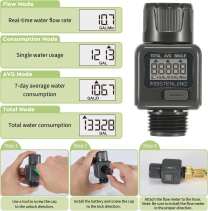1X Moistenland Water Flow Meter, Standard 3/4" Hose Thread, High Accuracy and IPX6 Waterproof, Suitable for Indoor and Outdoor Use - Image 7