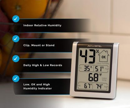 1x AcuRite 00613 Digital Hygrometer & Indoor Thermometer Pre-Calibrated Humidity Gauge, 3" H x 2.5" W x 1.3" D, Black - Image 5