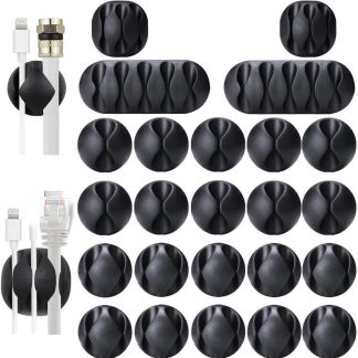 1x OHill Desk Cable Management Cord Organizer, 24 Pack Black Self Adhesive Cord Holder Cable Clips, Ideal Cable Organizer Wire Keeper for Desk, Nightstand, Phone Charger, Computer, Home, Office, Car