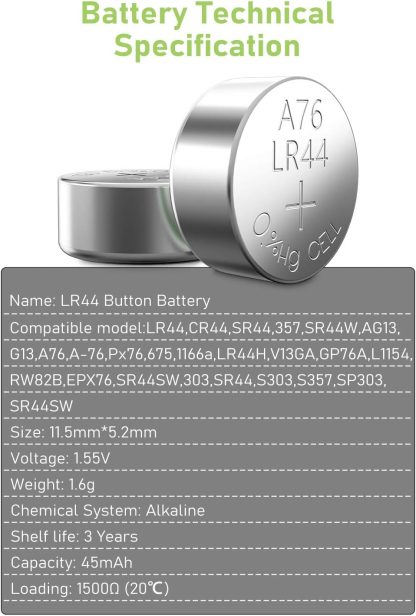 1x POWEROWL LR44 Batteries 1 Count, High Capacity AG13 357 303 SR44 L1154F A76 Premium Alkaline Battery 1.5V Button Coin Cell Batteries - Image 2