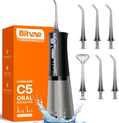 1x Bitvae C5 Water Dental Flosser for Teeth, Cordless Water Teeth Cleaner Picks, 3 Modes 5 Intensities, IPX7 Waterproof Water Flosser, 5 Tips Rechargeable...