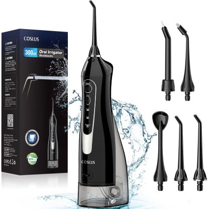 1pc COSLUS Water Dental Flosser Teeth Pick: Portable Cordless Oral Irrigator 300ML Rechargeable Travel Irrigation Cleaner IPX7 Waterproof Electric Water flosser Flossing Machine for Teeth Cleaning F5020E